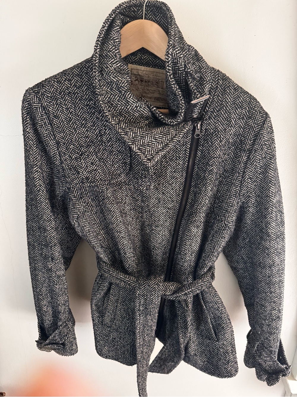 Sawyer of Napa Tweed Blend Moto Jacket with Belt Size Large